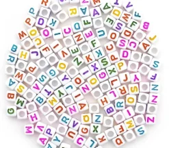 Alphabet Beads Transparent Multicolor with White Letters, 8mm Cube, 160 count.