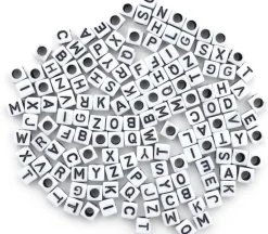 Alphabet Beads White with Black Letters and Hearts Mix, 6mm Cube, 160 Count