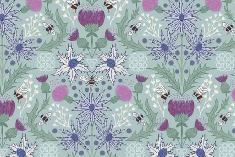 Celtic Summer Bees and Thistles Tossed on Sage Green