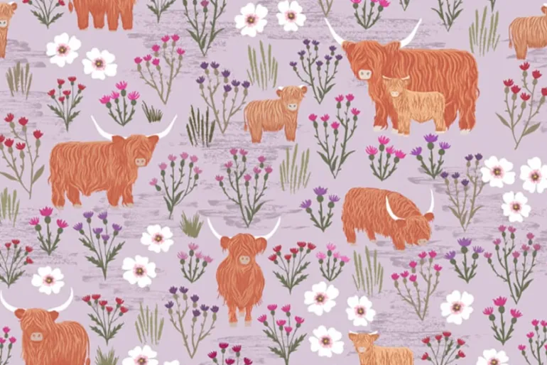 Celtic Summer Highland Cows and Meadow on White
