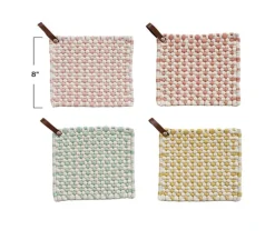 Creative Co-op Crochet Pot Holder with Leather Loop – 1 Holder