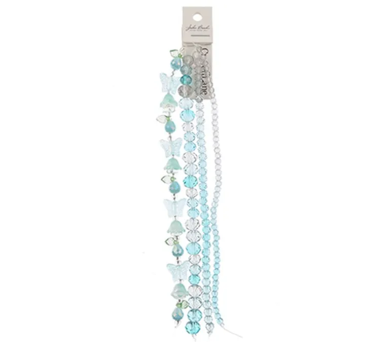 Crystal Lane DIY Flower 7-inch Bead Mix Bead Strands Aqua Facetted Rondelles Tulips Butterflies