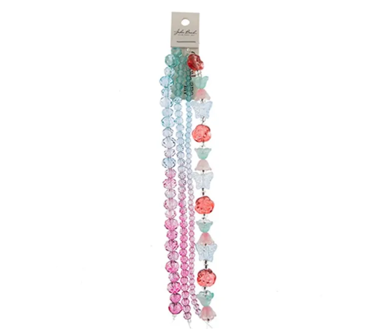 Crystal Lane DIY Flower 7-inch Bead Mix Bead Strands Teal to Pink Ombre Faceted Rondelle Roses and BellFlowers