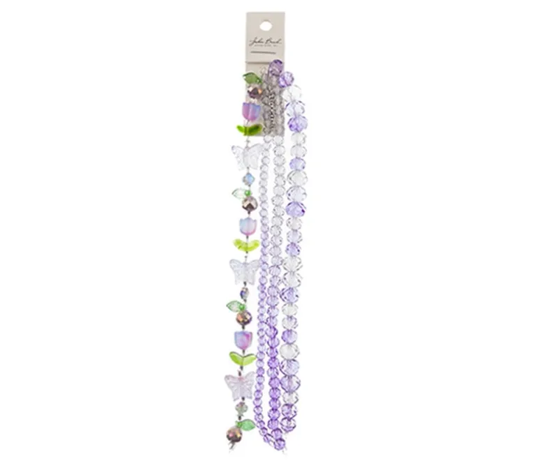 Crystal Lane DIY Flower 7-inch Bead Mix Bead Strands Smokey Purple Pears Butterflies Tulips