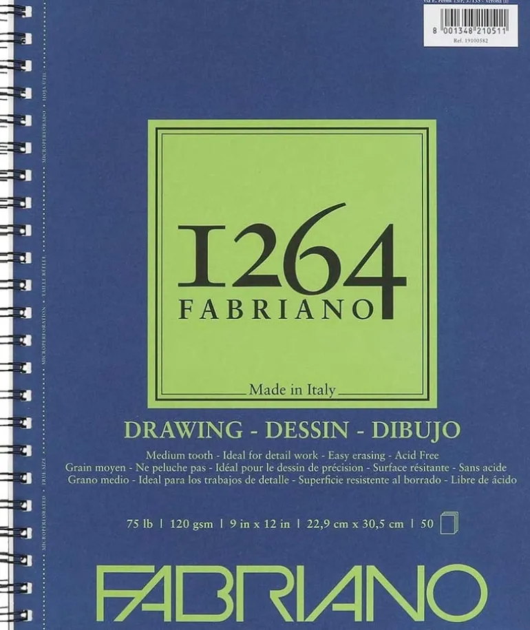 Fabriano 1264 Drawing Pad, 9″x12″, 75lb, 50 Sheets