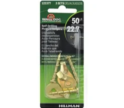 Hillman Wall Dog Self-Drilling Picture Hanger – 50lb – Brass – 3 Piece