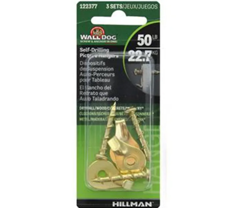 Hillman Wall Dog Self-Drilling Picture Hanger – 50lb – Brass – 3 Piece