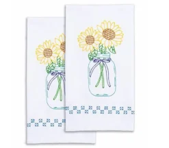 Jack Dempsey Needle Art Sunflowers Embroidery Towels – White