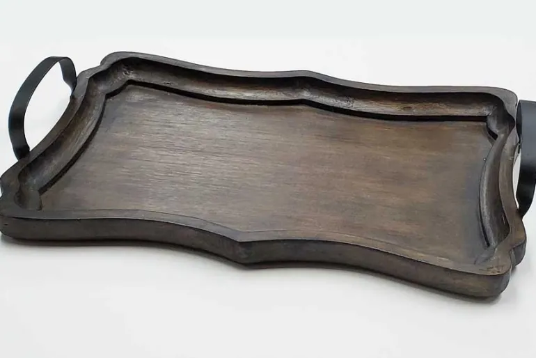 Large Wooden Tray with Black Handles