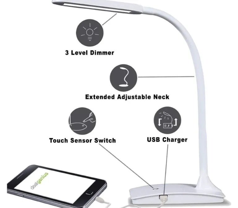 LED Desk Lamp – White – USB Charging Port