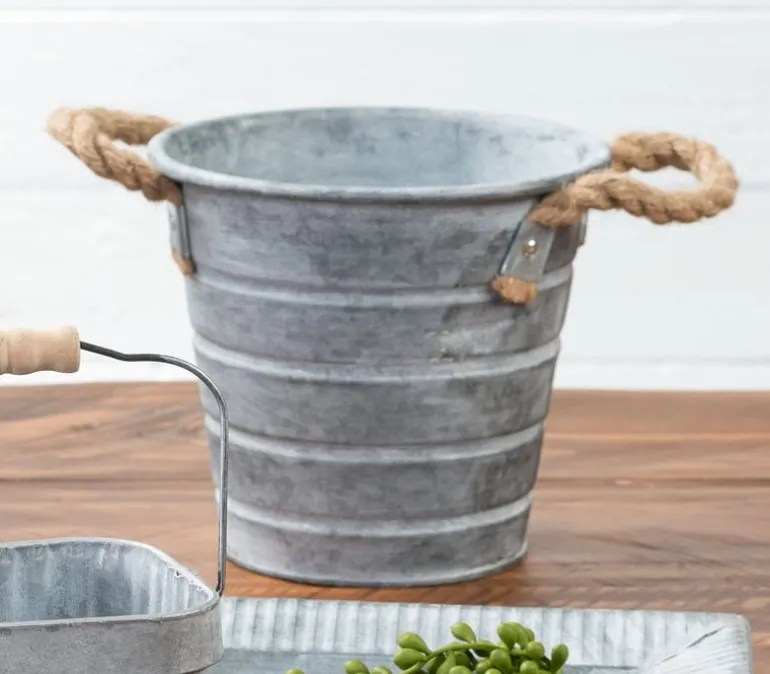 Metal Bucket with Horizontal Line Design