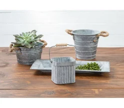 Metal Bucket with Horizontal Line Design