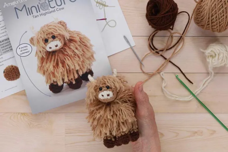 Miniature Highland Cow in Tan Amigurumi Crochet Kit