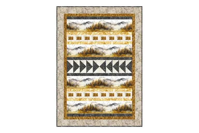 Misty Morning Mountains and Trees Border Stripe in Ochre and Gray