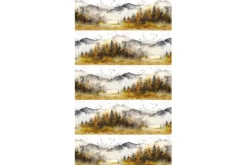 Misty Morning Mountains and Trees Border Stripe in Ochre and Gray