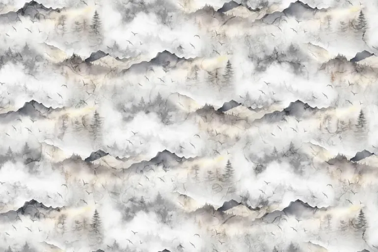 Misty Morning Mountains and Trees Border Stripe in Ochre and Gray