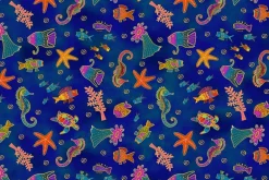 Oceania Mermaids on Blue with Gold Metallic Highlights