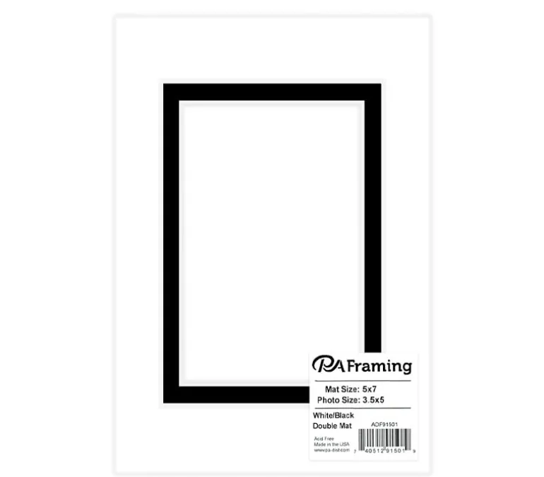 PA Framing Mat Board – Double 5-inch x 7-inch/3-1/2-inch x 5-inch – White Core White/Black