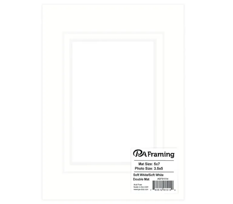 PA Framing Mat Board – Double 5-inch x 7-inch/3-1/2-inch x 5-inch – White Core Soft White/Soft White