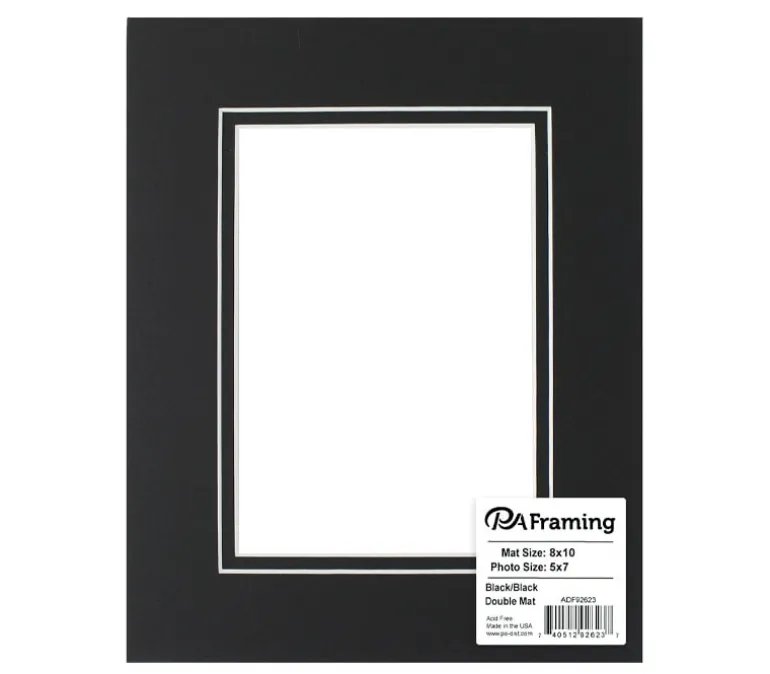 PA Framing Mat Board – Double 8-inch x 10-inch/5-inch x 7-inch – White Core Black/Black