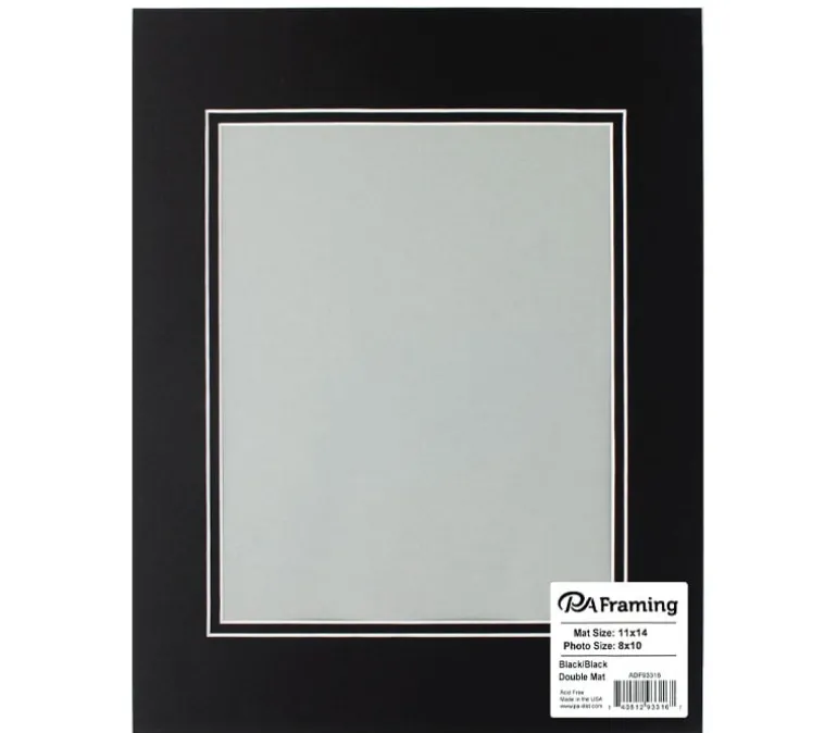 PA Framing Mat Board – Double 11-inch x 14-inch/8-inch x 10-inch – White Core Black/Black