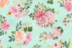 Peony Blossoms Tossed Leaves in Tonal Teal