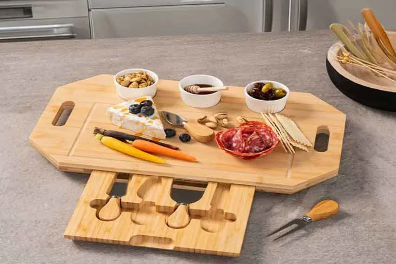 Premium Bamboo Charcuterie Tray with Ramekins and Hidden Knife Drawer