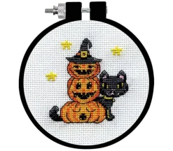 Pumpkins and Cat Cross Stitch Kit with 3 inch hoop