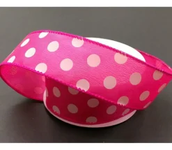 Ribbon – Hot Pink White Satin Polka Dots Wired Edge 1.5-inch