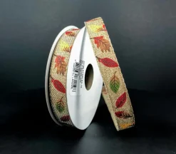 Ribbon – Natural Linen with Fall Leaves 5/8-inch