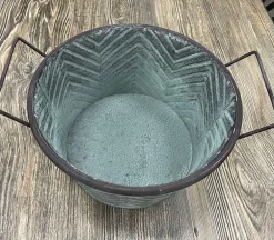 Round Metal Bucket with Green Patina