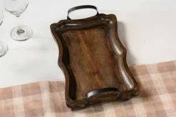 Small Black Wooden Tray with Scalloped Edges & Black Metal Handles