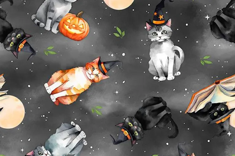 Spooky Tails Cats & Haunted Houses Novelty Stripe