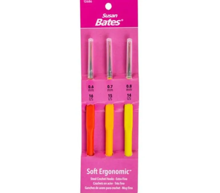 Steelite Soft Ergonomic Steel Crochet Hook Set of 3: 0.6mm, 0.7mm, 0.8mm. #12686