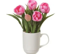 11″ Tulips in Ceramic Cup, Pink