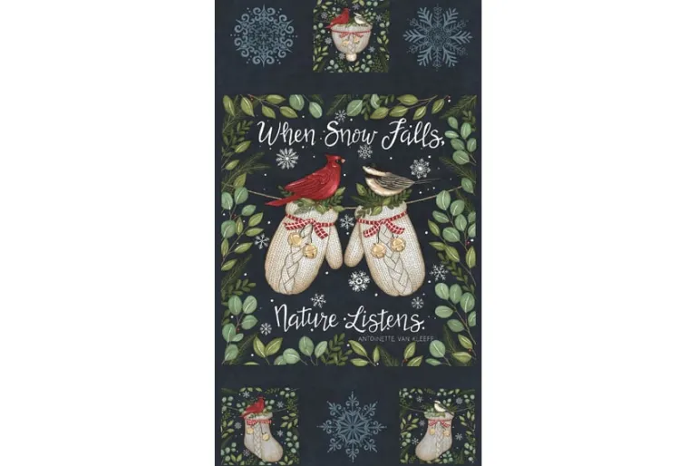 When Snow Falls Mittens Fabric Panel Black, 24-in by 44-in