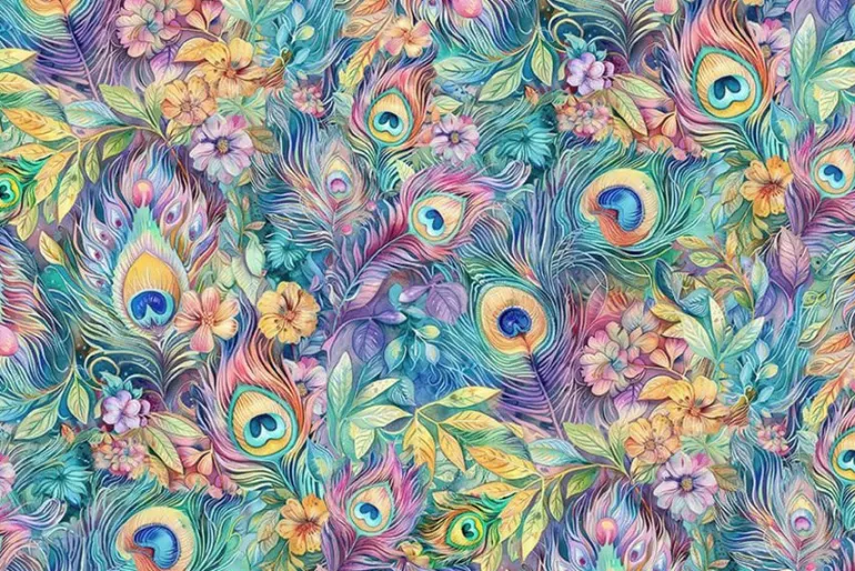 Wild Beauty Peacock Peek-a-boo Floral on Navy