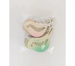 Wood Birds with Green/Pink Accents – 6 Piece