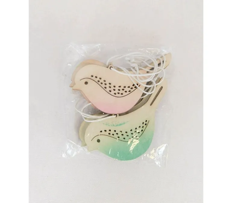 Wood Birds with Green/Pink Accents – 6 Piece